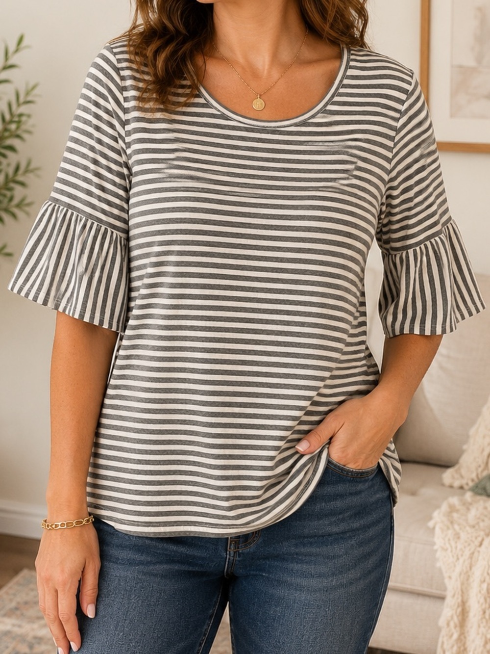 Faded Glory Gray & White Striped Ruffle Sleeve Tee LARGE